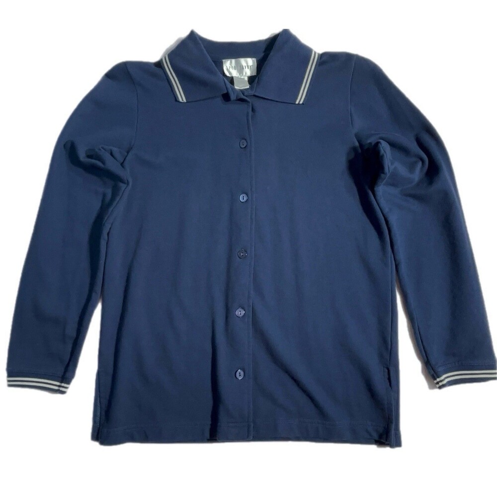 Sports Savvy navy blue long-sleeved polo shirt with striped trim Men’s Size M